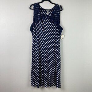 Catherines Midi Dress Womens 2X Navy Blue White Stripe Floral Crochet Overlay